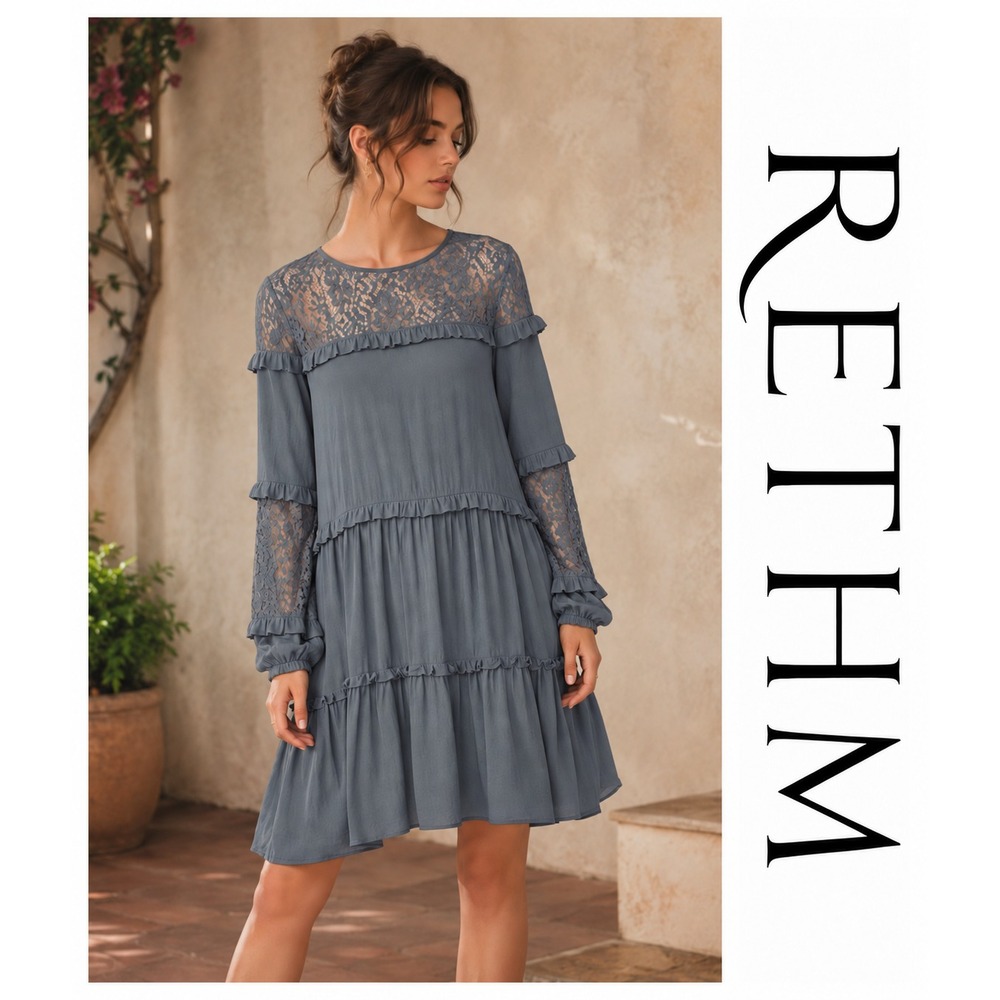 Rethm Slate Blue Gray Lace Ruffle Long Sleeve tiered Boho Shift Dress S